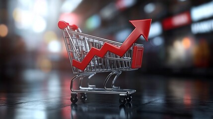 A shopping cart sits on a reflective surface with a red upward arrow graphically representing growth. The background features blurred store lights suggesting a retail environment