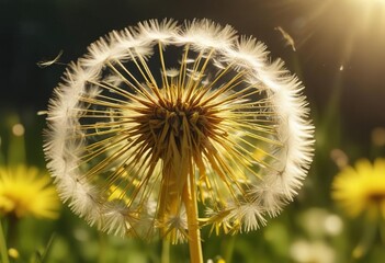 Fototapeta premium Dandelion seeds scattered in the sunlight on a bright yellow flower head, seeds, sunlit