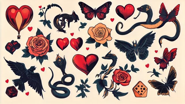 2000s-style tattoo designs.  Includes vintage images like hearts, roses, flames, bows, birds, balloon animals, butterflies, dice, and more.  Vector line art stickers.