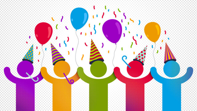Celebrating people vector concept simple illustration or icon, celebration anniversary or holiday fun, group of cheerful happy people having fun at party.