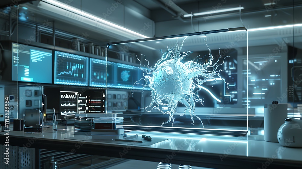 Poster a sleek research lab with a transparent lcd screen displaying a rotating model of a neuron