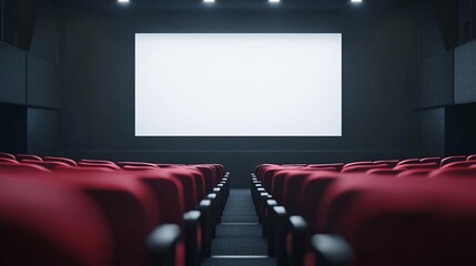 Fototapeta premium Rows of red seats lead to a large white screen in an empty cinema. The atmosphere is quiet and anticipatory, waiting for the next film to begin