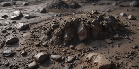Obraz premium Dark grey soil with visible clay particles and silt, dirt texture, ground