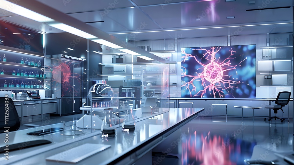 Poster a sleek research lab with a transparent lcd screen displaying a rotating model of a neuron