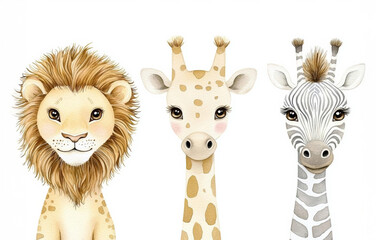 minimal photostock of a  Safari animals watercolor templates illustration for nursery and baby shower with lion