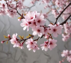 Delicate pink sakura flowers with white undertones and leaves on a bare branch in spring, blossom closeup, flower branches