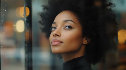 A woman with voluminous curly hair looks introspective while standing near a rain-streaked window. The soft glow from the outdoor lights creates a calming atmosphere
