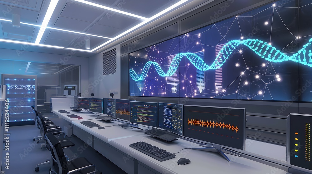 Poster a sophisticated office with a wall-sized led display showcasing a rotating 3d dna model