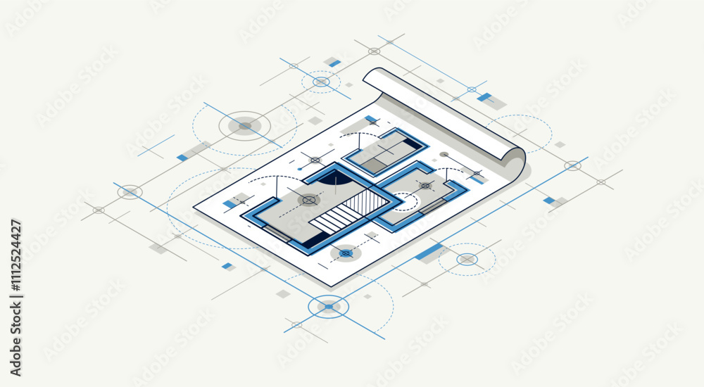 Poster engineer at work concept, engineering job, paper document blueprint engineering vector 3d isometric 