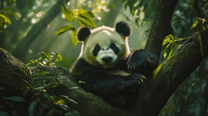 Obraz premium A playful panda lounges comfortably on a thick branch, surrounded by vibrant green leaves and gentle sunlight filtering through the treetops