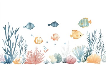 Naklejka premium Underwater scene with colorful fish and coral reefs.
