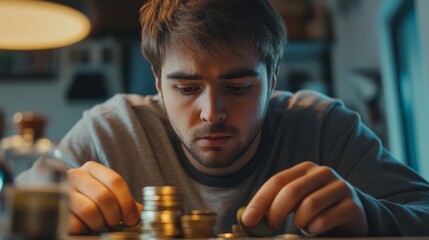 A young man sits at a wooden table, intently counting coins in a warm, softly-lit room. Various bottles and objects surround him, creating a focused atmosphere