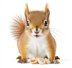 Obraz premium minimal photostock of a Young squirrel with shells of sunflower seeds on a white backgro , isolated on white background, , copy space, copy space for text,