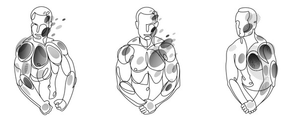 Athletic man torso vector linear illustrations set, male beauty with perfect muscular fit body posing, artistic drawings of fitness model.
