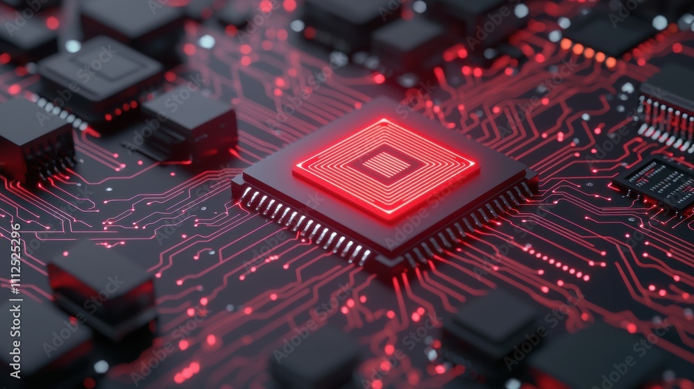 Aufkleber a close-up of a red-lit microchip on a circuit board, showcasing intricate connections and component