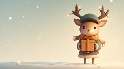 Naklejka premium Cuddly Reindeer Plush Animal Snowy Background