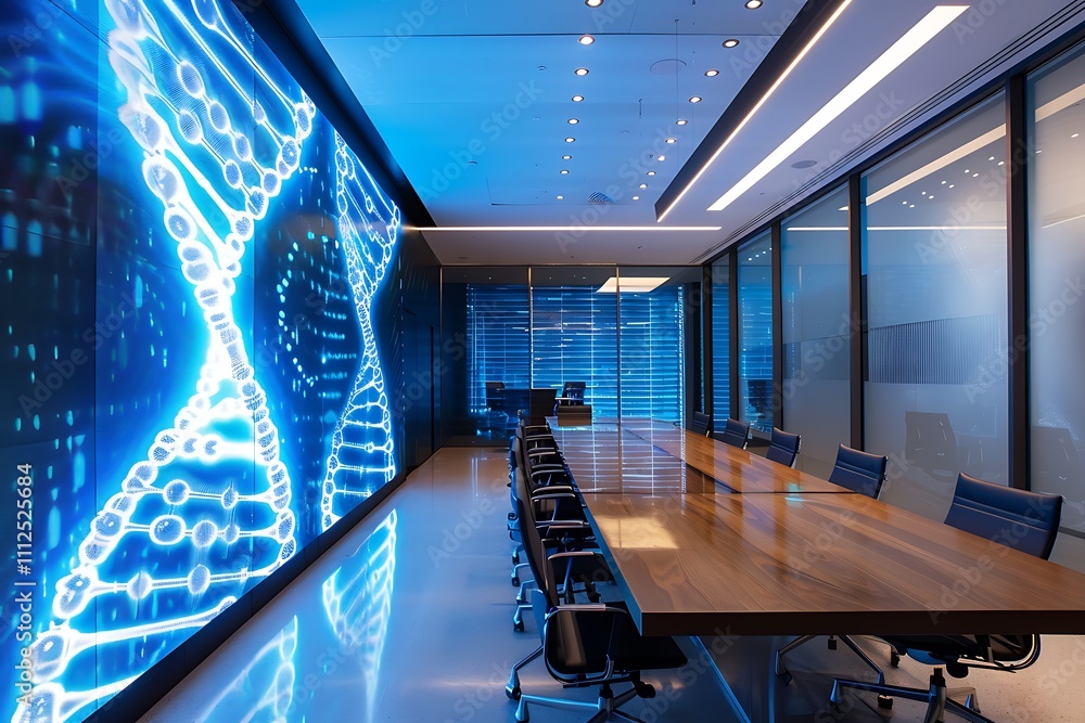 Poster a sophisticated computer lab with a wall-mounted display showing a dynamic model of a dna strand and