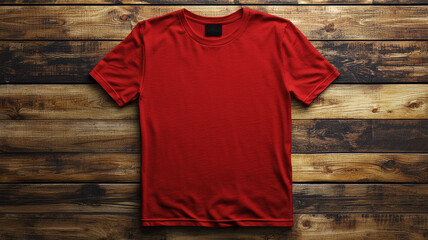 red T-shirt mockup concept. vibrant red men T shirt mockup lying flat on wooden surface