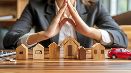 A businesswoman safeguards wooden blocks representing various insurance types: medical, life, car, home, and travel.  This shows the importance of insurance protection.