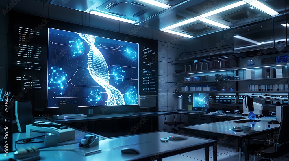 Poster a sophisticated research lab with a wall-sized led display showcasing a rotating 3d model of a neuro