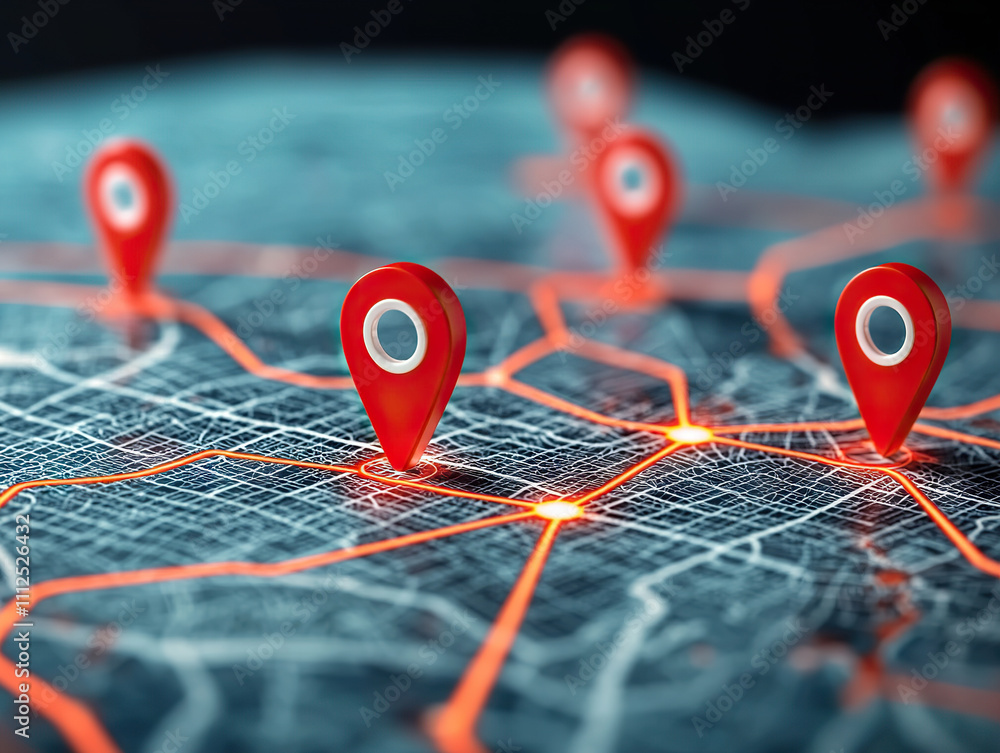 Poster digital map with red location pins highlighting routes and connections