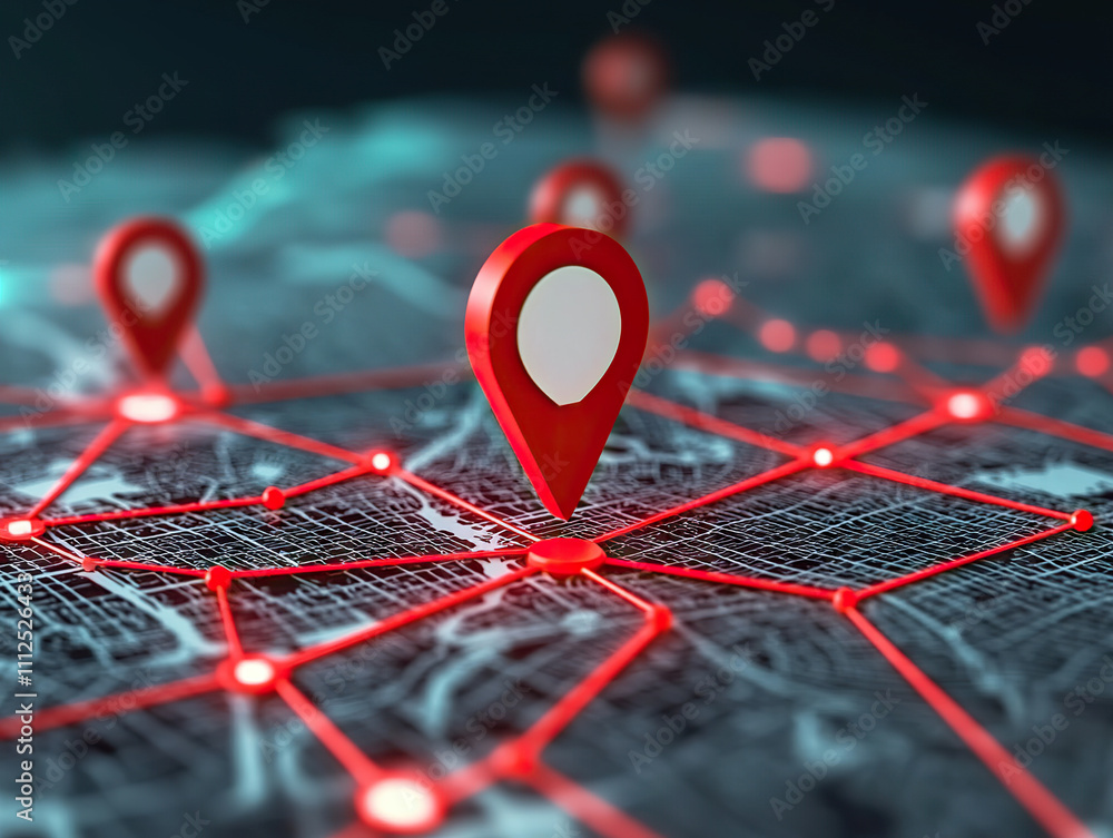 Poster digital map with red location pins highlighting specific points of interest, showcasing connectivity