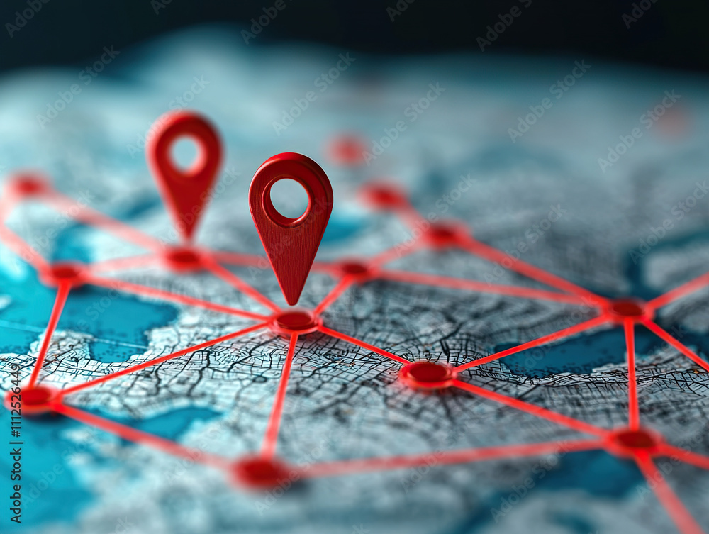 Poster Map with red location pins connected by lines, representing navigation and connectivity. This illustrates concept of mapping and location tracking