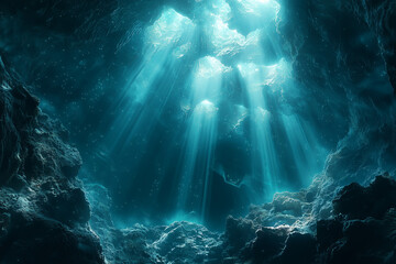 exploration submarine venturing through a radiant underwater ravine illuminated by bioluminescence