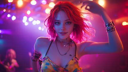Naklejka premium Vibrant Redheaded Woman Dancing in Colorful Nightclub Scene