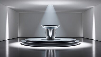 A blue podium under four ceiling spotlights, isolated on a white background. Clean layout for product display, copy space, exhibition. 