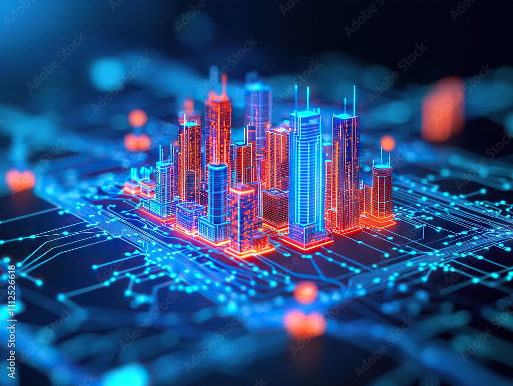 Poster digital cityscape with glowing skyscrapers and circuit patterns, showcasing futuristic urban environ