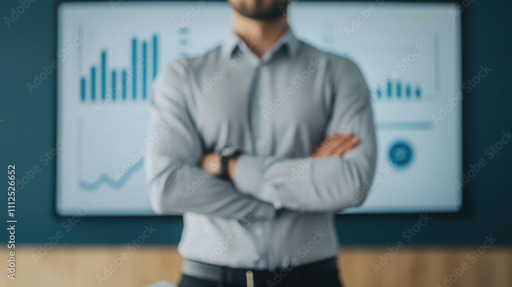 Aufkleber a professional man stands confidently with arms crossed, in front of a screen displaying business gr