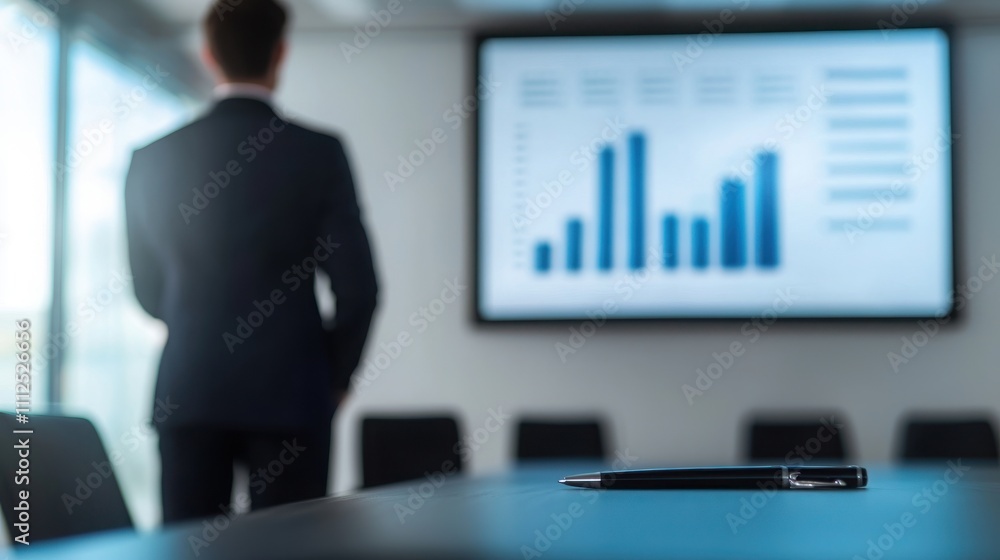 Poster a businessman stands in front of a presentation screen displaying bar graphs, while a smartphone res