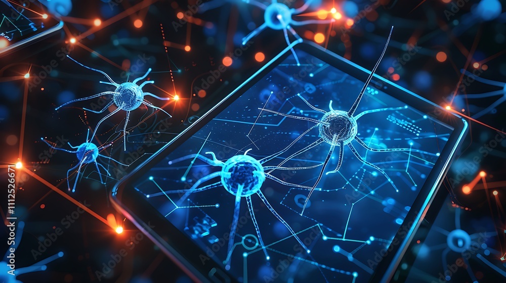 Poster a tablet with a blank screen surrounded by holographic neuron models, highlighting synaptic connecti