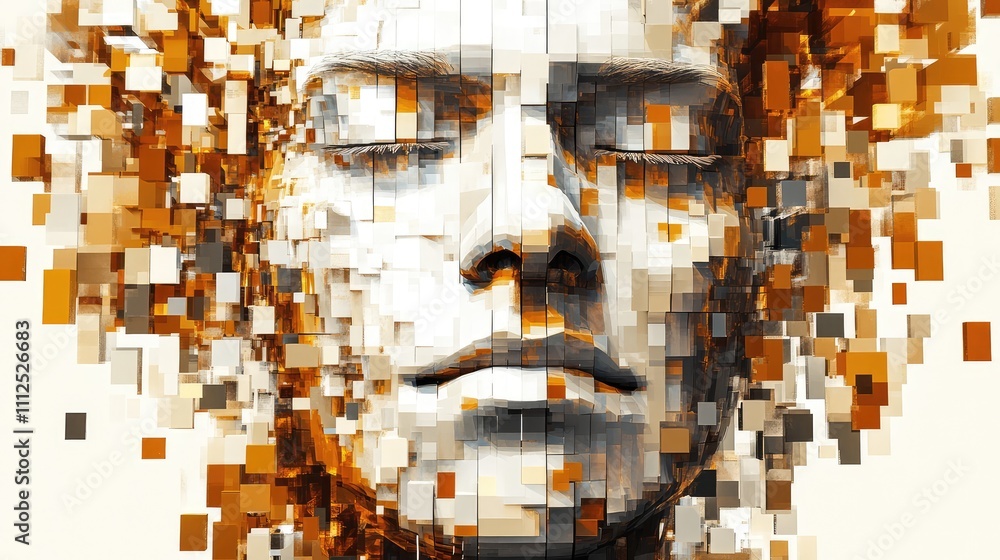 Poster a geometric, abstract pixel portrait of a face made of 3d blocks that create depth and dimension in 