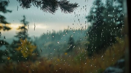 A damp window with raindrops trickling down, with a blurry outdoor scene in the background