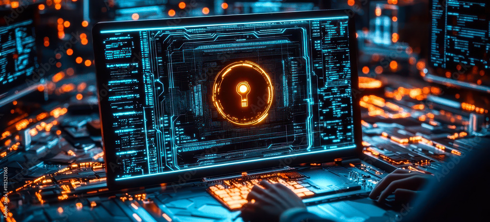 Poster futuristic computer interface with holographic security alerts and data visualization