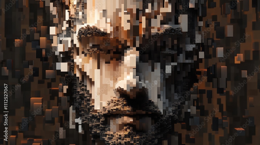 Poster a geometric, abstract pixel portrait of a face made of 3d blocks that create depth and dimension in 
