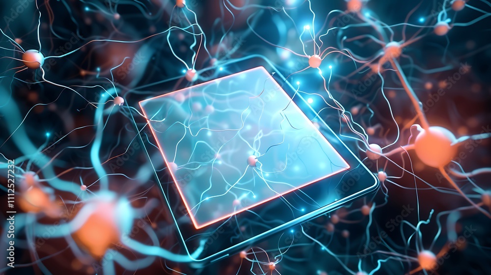 Poster a tablet with a blank screen surrounded by holographic neuron models, highlighting synaptic connecti