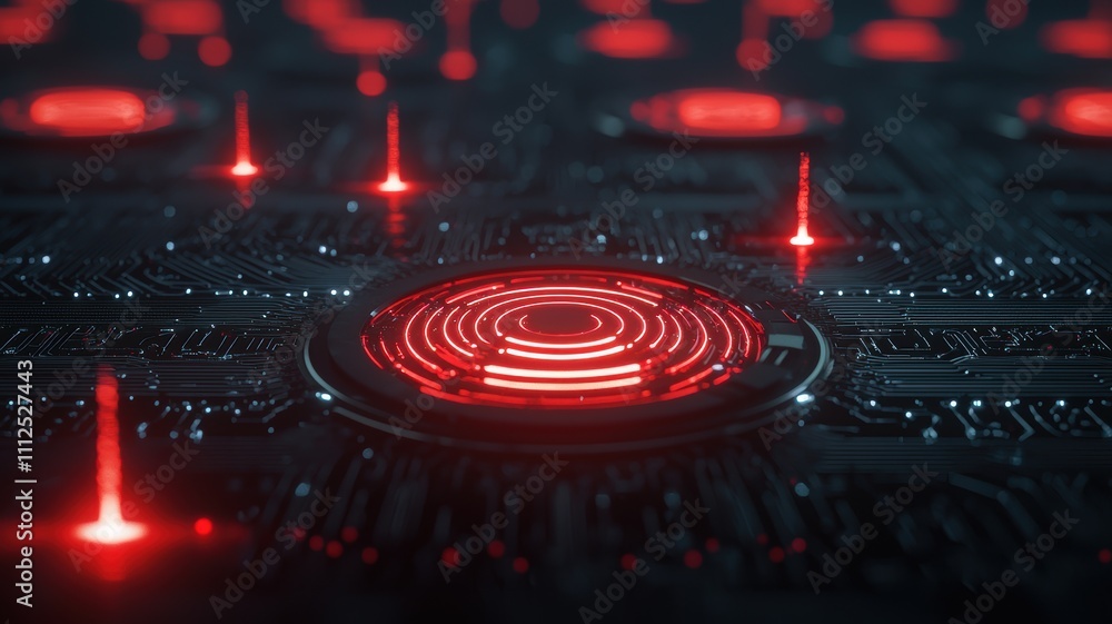 Poster floating digital network field with red security signals and abstract circuit patterns