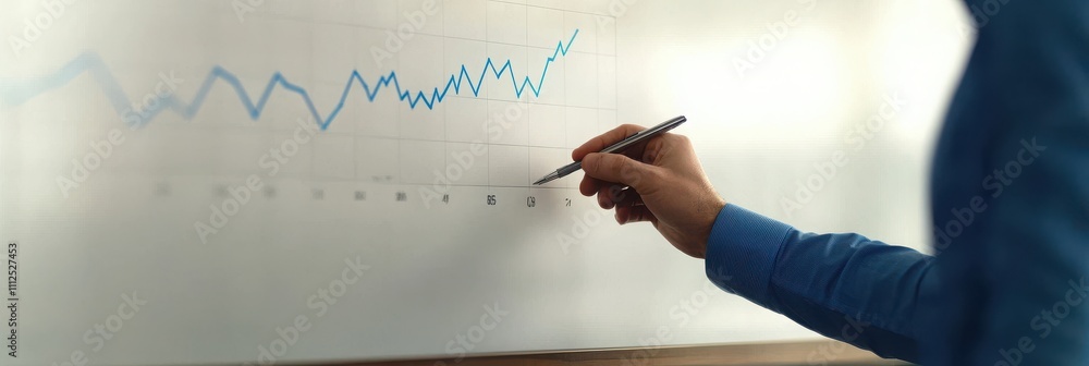 Poster a person points at a graph on a whiteboard, illustrating data trends and fluctuations with a pen in 