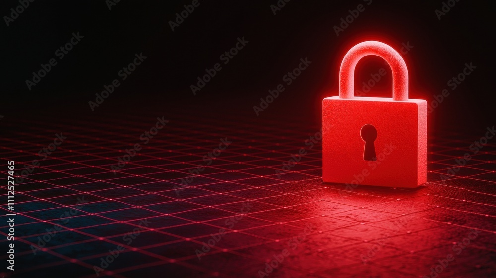 Poster digital padlock on network grid in a dark tech background with red neon glow effects