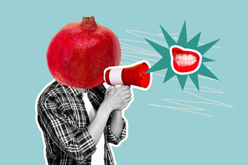 Trend artwork composite banner 3D photo collage of headless human stand head pomegranate...