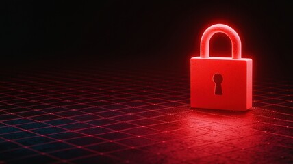 Fototapeta premium Digital Padlock on Network Grid in a Dark Tech Background with Red Neon Glow Effects