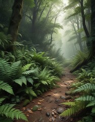 Forest floor covered in a thick layer of leaves and ferns, leaf litter, ferns