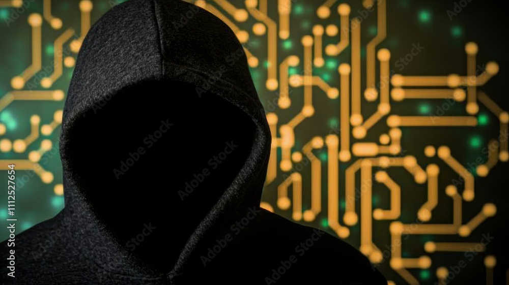 Aufkleber mysterious hacker silhouette against digital circuit background in dark environment