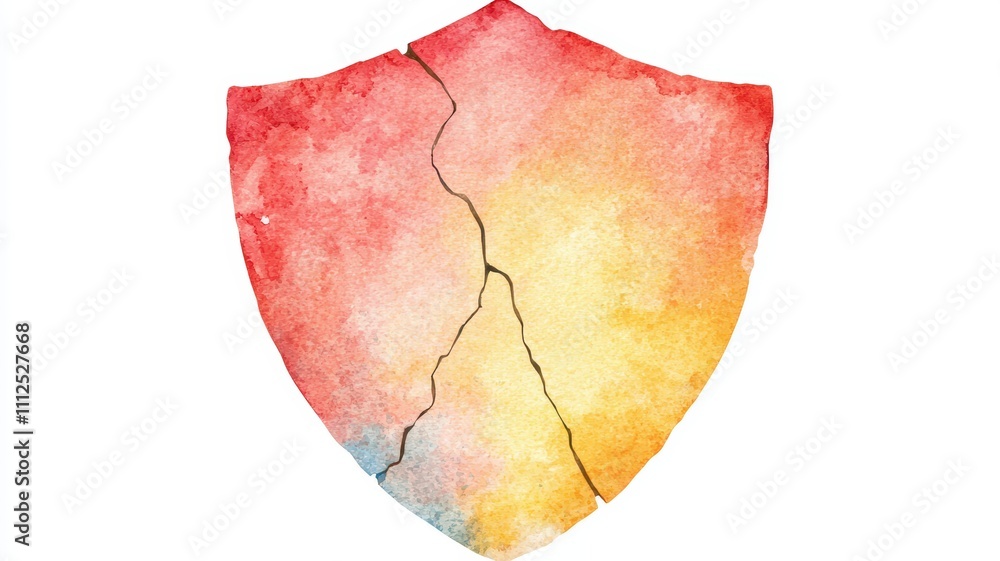 Poster cracked shield symbol representing weakened security and network vulnerabilities in digital context