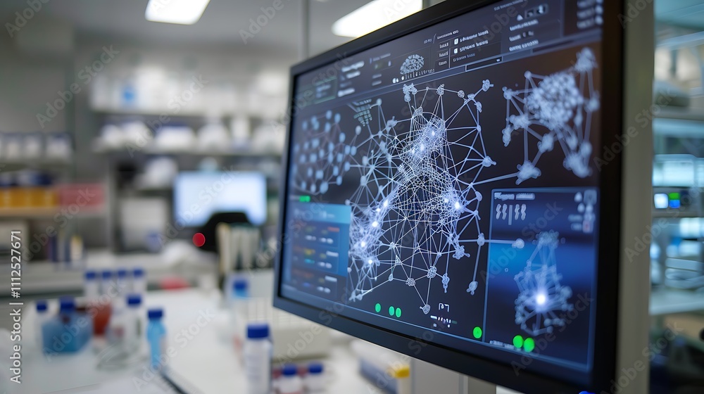 Poster a touchscreen monitor in a lab displaying an interactive map of the human genome and neural networks