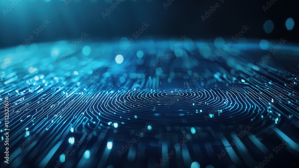Poster abstract digital background with fingerprint scanner and network connectivity elements in blue