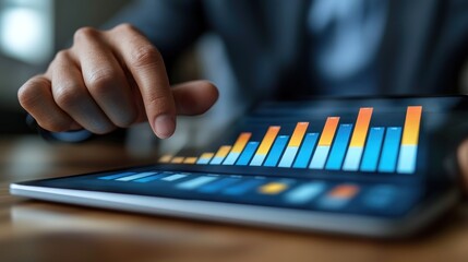 A close-up of a hand interacting with a tablet displaying a vibrant bar chart, symbolizing modern data analysis and business growth. The image represents the integration of technology in financial 
